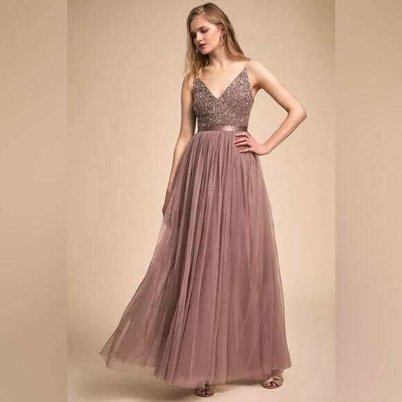 BHLDN Anthropologie Avery Sequin and Tulle maxi Dress NEW blush - Picture 1 of 8